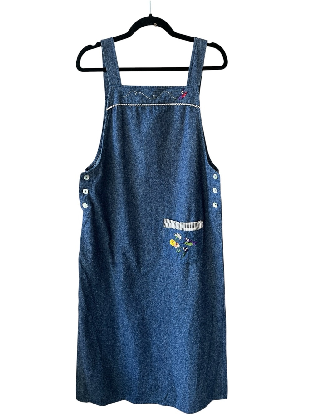 Teddi Vintage M Dark Blue Denim Pinafore Maxi Dress with Embroidered Details